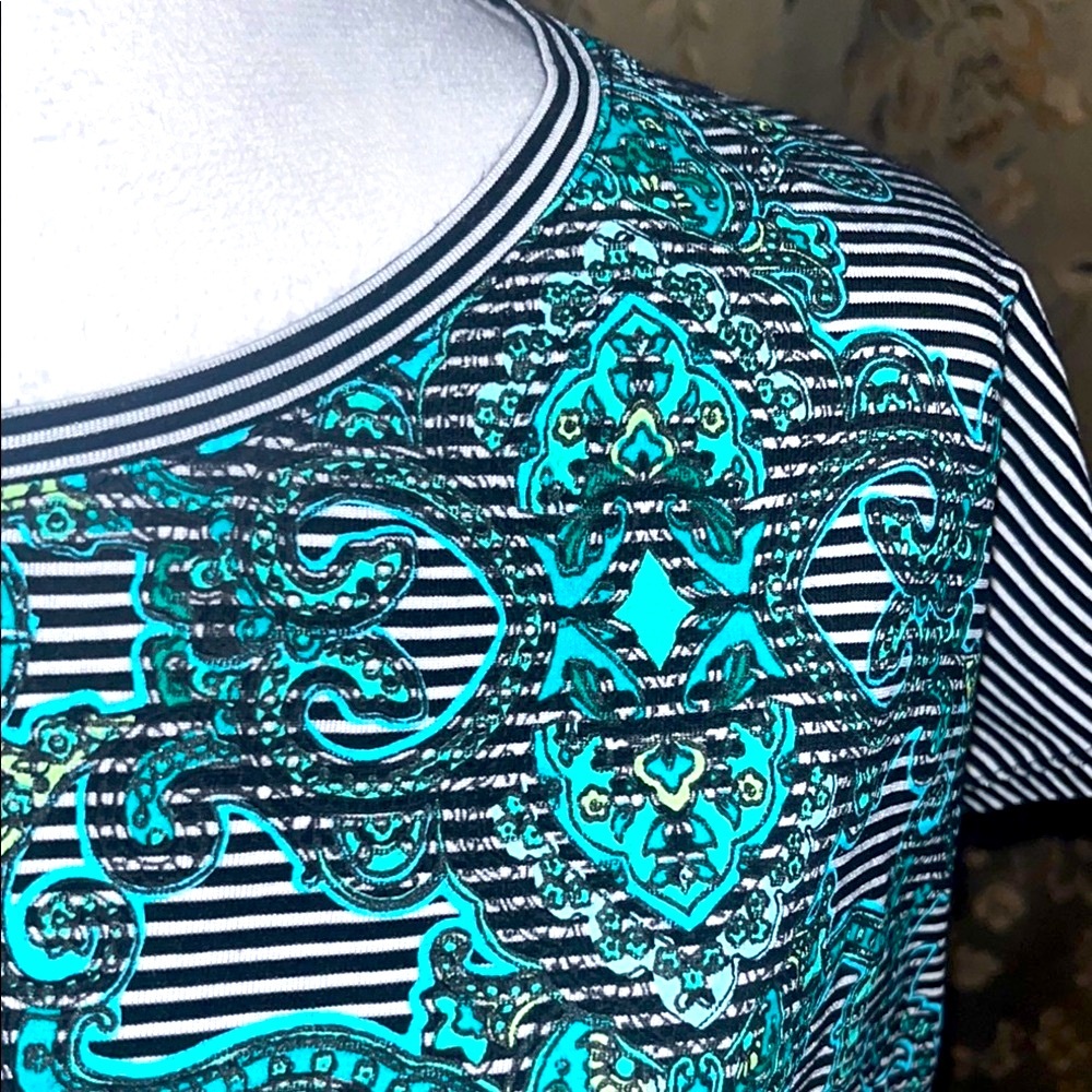 Chicos Zenergy Striped Black and White Top with Teal Accents